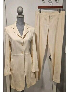 DKNY Size 12 Ivory Cream Linen Pant Suit Duster Jacket Vintage Blazer 90s